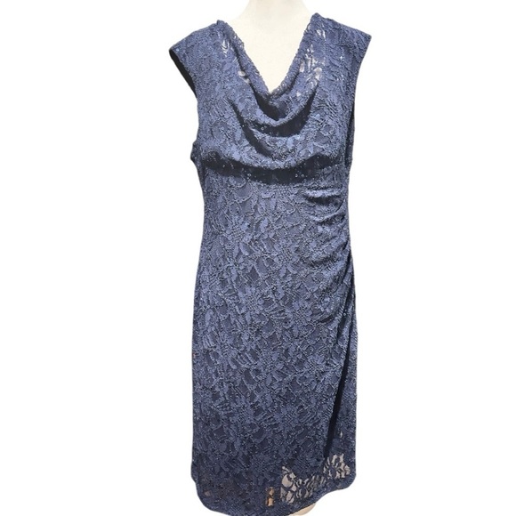 Lauren Ralph Lauren Lace Sheath Dress Sequins Cap Sleeves Navy Blue Plus 16 - Picture 1 of 6